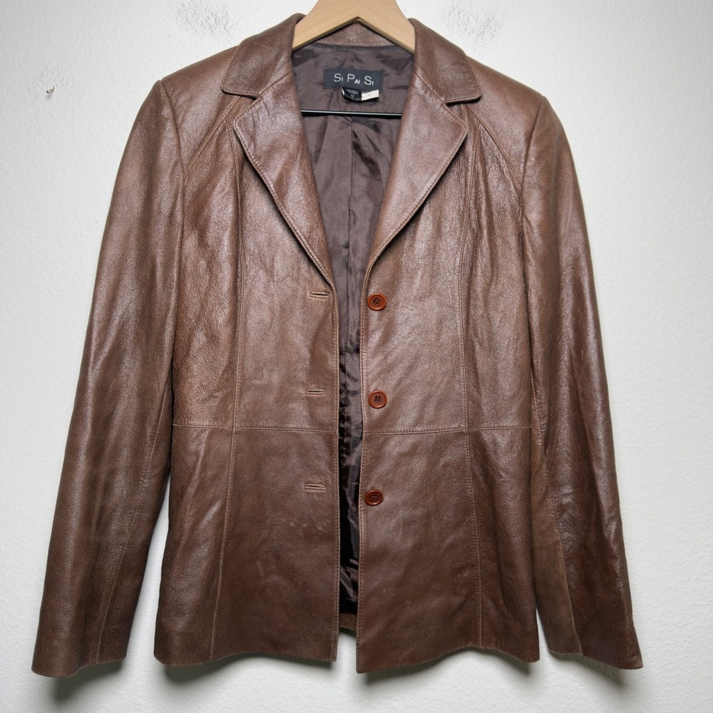 Si Pai Si Women Goat Skin Leather Jacket Medium Brown Blazer Academia Indie